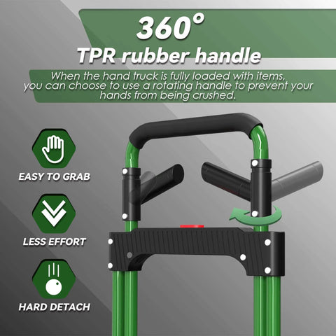 Upgraded Folding Hand Truck Dolly Cart Heavy-Duty 375lb with rubber handle, easy-grab design, green aluminum frame, indoor/outdoor use.