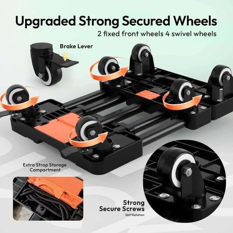 Folding Hand Truck 500lbs base with upgraded wheels, black frame, brake lever, and strap storage, 6-wheel collapsible design