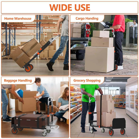 ✝️ 3 in 1 Heavy Duty Folding Hand Truck demonstrating use in warehouse, cargo handling, baggage handling, and grocery shopping settings.