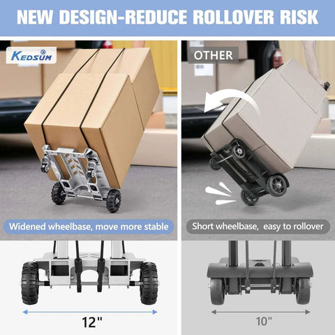 Comparison of 270LBS Utility Luggage Cart with 4 Wheels and a competitor, highlighting stability and wheelbase width