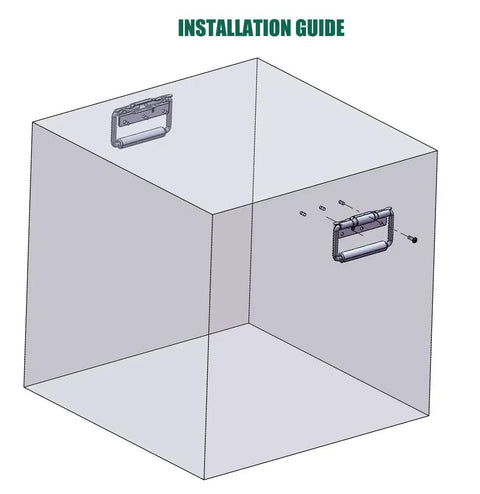 Installation guide showing 5.15 Inch Heavy Duty Folding Handle With Rubber Grip Spring Loaded 3 Mounting Holes on a storage box