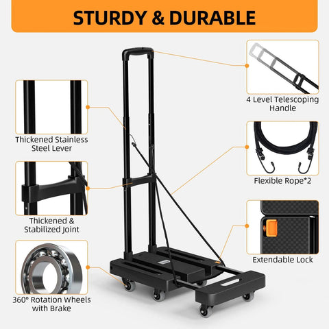 Diagram of folding heavy duty hand truck 500 lb luggage cart with 6 wheels, telescoping handle, and elastic ropes