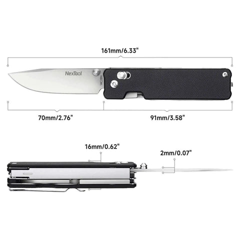 Axis Lock Folding Pocket Knife With 11 In 1 Multitool 2.76 Inch 14C28N Steel Blade and G10 Handle showcasing dimensions