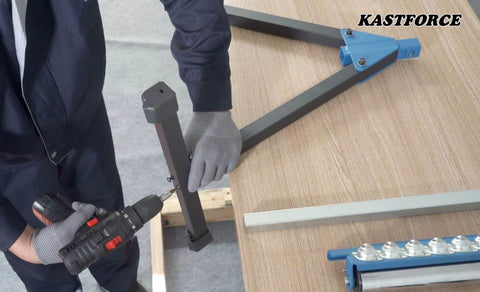 Person assembling ✝️ 2 of Folding Roller Stand, Height Adjustable, Heavy Duty 300 LB Load Capacity Each, Outfeed Woodworking, Twin Pack