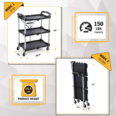Front view and folded view of Pack N Roll Folding Collapsible Service Cart With 150 Lb Capacity, Locking Mechanism For Stability