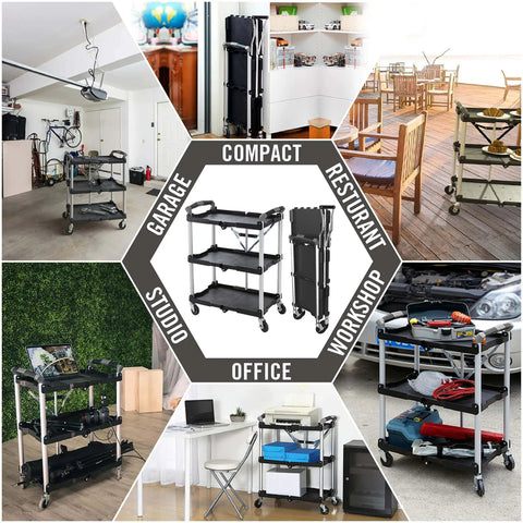 Collage of Pack N Roll Folding Collapsible Service Cart With 150 Lb Capacity used in garage, office, workshop, and restaurant settings