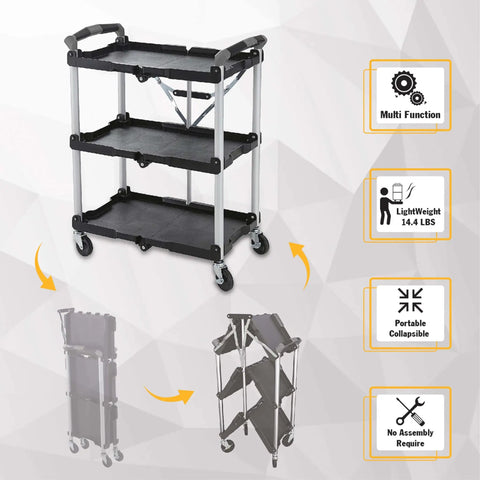 Pack N Roll Folding Collapsible Service Cart With 150 Lb Capacity, Locking Mechanism For Stability, Three Ergonomic Shelves, Black