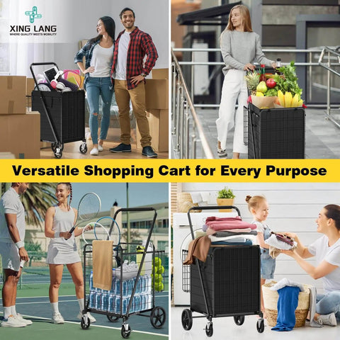 Beefy Folding Shopping Cart With 5.0 Cu Ft Capacity 480 Lb Load 360 Degree Braked Swivel Wheels Dual Basket System Liner