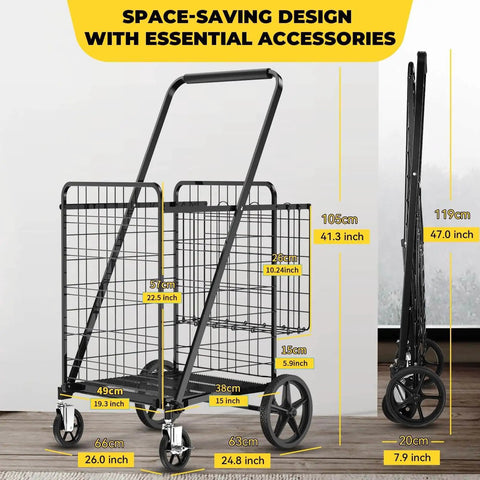Beefy Folding Shopping Cart With 5.0 Cu Ft Capacity 480 Lb Load 360 Degree Braked Swivel Wheels Dual Basket System Removable Liner