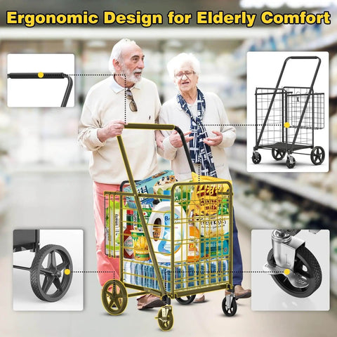 Elderly couple using Beefy Folding Shopping Cart With 5.0 Cu Ft Capacity 480 Lb Load 360 Degree Braked Swivel Wheels Dual Basket System