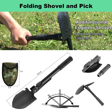 Multifunctional folding shovel and pick set, black with serrated edge, camo pouch, ideal for gardening and outdoor use.