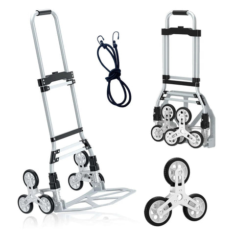 260 LBS Stair Climbing Cart, Aluminum Trolley Dolly for Stairs with Mute Wheels and Telescoping Handle, shown in folded and open positions