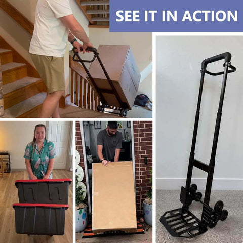 460 LBS Stair Climbing Dolly in use on stairs, folding cart with telescoping handle, thickened steel design for warehouses, homes, offices