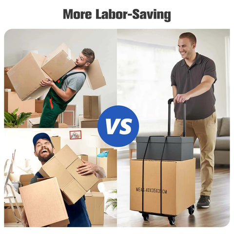 Comparison of manual box carrying vs Foldable Luggage Cart for Travel & Moving, 290lbs Dolly Cart with Wheels, in a home setting.