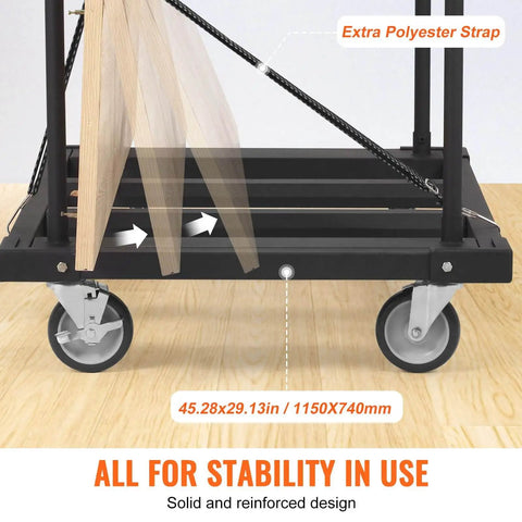 Heavy Duty Folding Table Cart With 5 Inch Swivel Wheels And 1800 Lbs Capacity, showing steel frame with straps and wheels