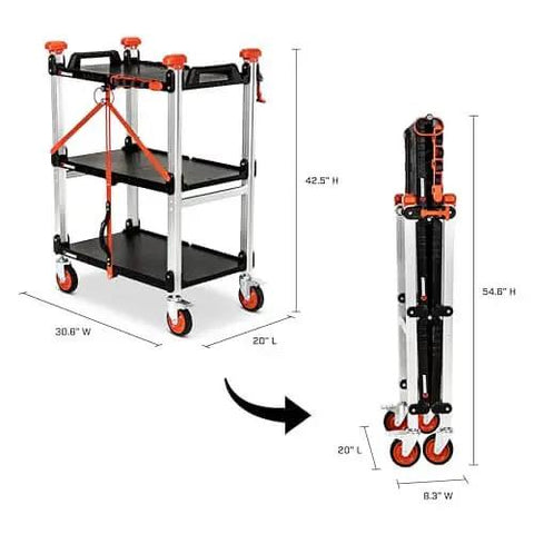 Heavy Duty Folding Jobsite Cart With Three Shelves And 300 Lb Capacity No Assembly Required Pro Grade Tradesman Utility Cart Crescent SiteRunner F3SCBL With 100 Lb Per Shelf Capacity And T Channel Accessory Rail For Easy Tool Attachment