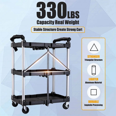 Portable Folding Service Cart With Three Tiers 330 Lb Capacity Workhorse Rolling Utility Cart On Wheels