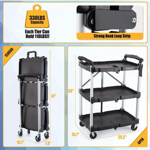 Portable Folding Service Cart With Three Tiers 330 Lb Capacity Workhorse Rolling Utility Cart On Wheels For Warehouse And Home Workshop Garage Restaurant And Office Use No Assembly Required