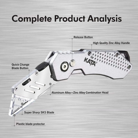 3 Pack Folding Utility Knife Set With Zinc Alloy Body, Quick Change Blades, Lock Back, Includes 12 Extra Blades, side view