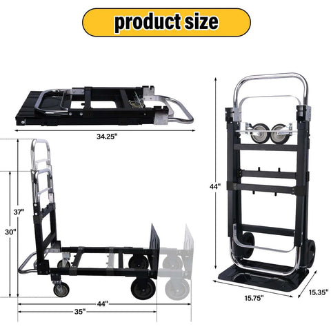 Upgraded 3 in 1 Folding Hand Truck, 600lbs Capacity, Heavy Duty Convertible Dolly, product dimensions and views (Black)
