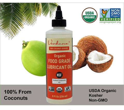 Food Grade Pro Grade Lubricant Oil For Food Equipment With NSF H1 Certification, organic coconut derived, 8 oz bottle with labels.
