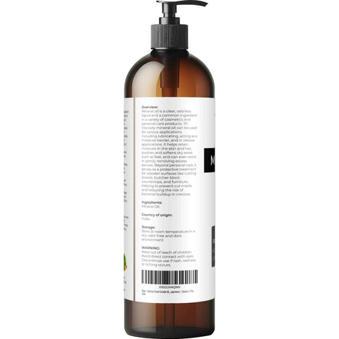 Side view of food grade mineral oil 70 viscosity NF USP grade 8 fl oz bottle with label details for cutting boards and equipment
