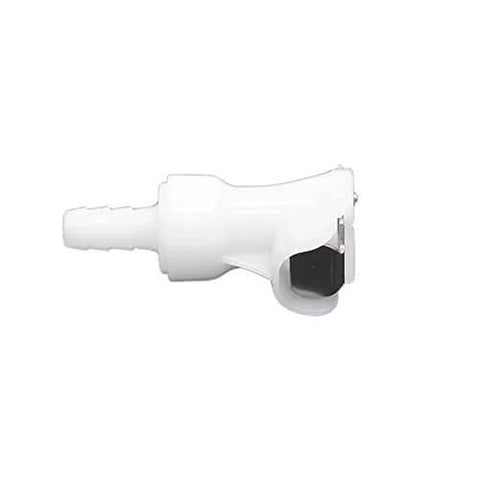 Side view of 3/8 Inch Quick Connect Hose Fittings With Shut Off Check Valve, food grade plastic, suitable for gas, liquid, and beer lines.
