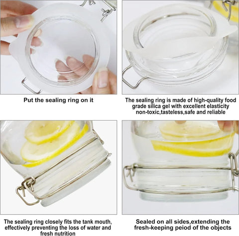Front view of glass jar with white and orange silicone gasket, 3.75 in diameter, 6 pcs.
Close-up of white/orange silicone jar gasket inside a glass jar, showing food-grade, flexible material.
Side view of glass jar with gasket fitted at the mouth and metal clasp, airtight seal.
Sealed glass jar with clamp lid and gasket, lemon slices visible, extending freshness.