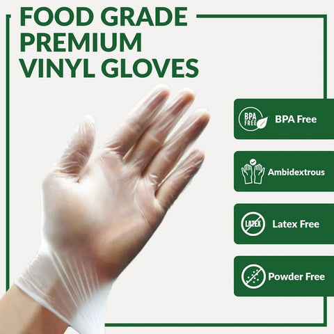 Hand wearing Heavy Duty Vinyl Gloves Latex Free Powder Free Medium Size 100 Count Food Safe with text: Food Grade, Latex Free