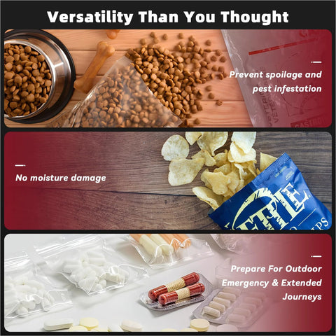 Amazon kitchen banner collage showing versatile storage: kibble in a bag, potato chips, and blister-pack pills.
