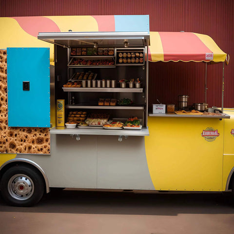 Food truck with open concession shelf displaying various snacks and condiments on a sunny day.