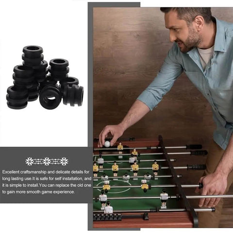 Hard Rubber Foosball Bumpers Set 15 Pack Pro Grade Replacement Bushings And Rod Bearings For Foosball Tables shown next to foosball table