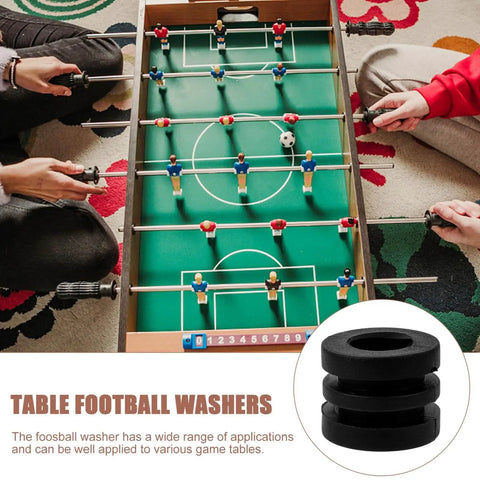 Pro Grade Foosball Gaskets And Bumper Pads Set for table football, showing a set of durable washer pads and players engaged in foosball.