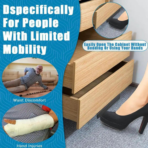 Foot Pull For Cabinets With Adhesive And Screws Hands Free Cabinet Door And Drawer Opener for limited mobility, showing use with heel.