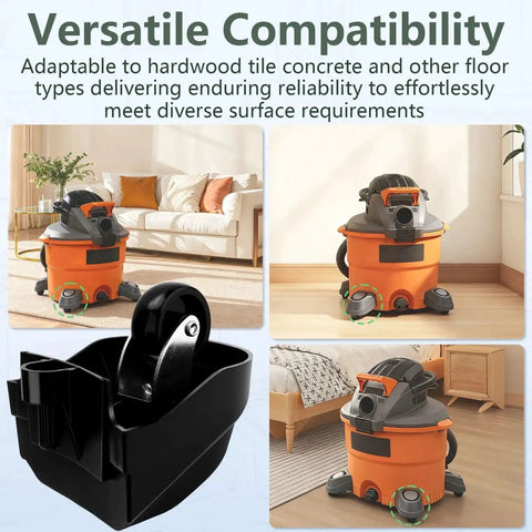 Foot Caster And Caster Wheel Kit For 6 Gallon And 16 Gallon Wet Dry Vacuums Vacuum Plate Casters 12388 12293 displayed with vacuum in rooms