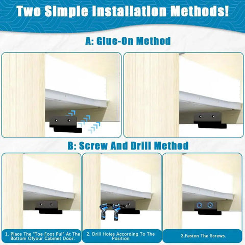 Foot Pull For Cabinets With Adhesive And Screws Hands Free Cabinet Door And Drawer Opener installation methods illustration.