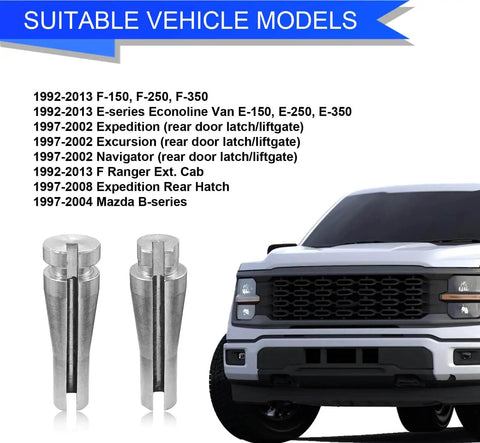 Restore reliable door latch function with this 8-piece repair kit for F-series trucks and SUVs, shown with vehicle compatibility list.