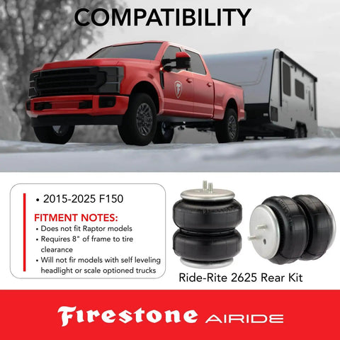 Rear Air Spring Kit For 2015 To 2025 Ford F150 Trucks, 5,000 Pound Load Capacity, 5 To 100 PSI Range, No Drill System