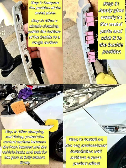 Installation steps for Beefed Up Front Bumper Repair Metal Plate For Ford Fusion 2013 To 2016 with tools and adhesive