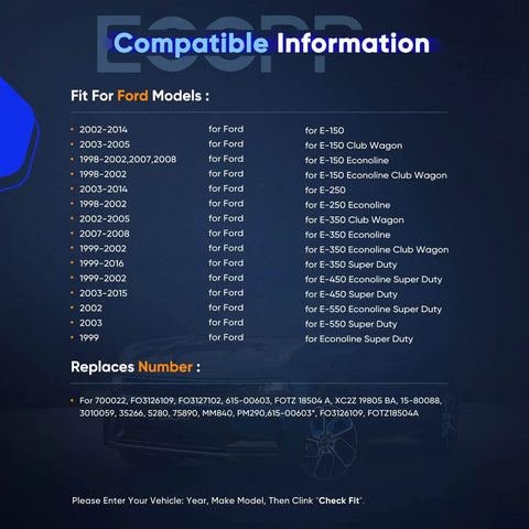 Compatibility list image for Heater Blower Motor 700022 For Ford E Series Vans E150 E250 Econoline Club Wagon 1997 To 2014 HVAC AC Replacement