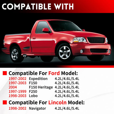 Automotive parts banner featuring a red pickup truck and a 'Compatible With' Ford model list (1997–2004).