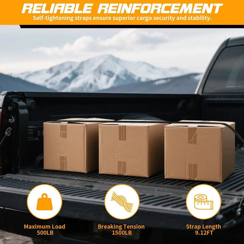 Custom Fit Retractable Ratchet Straps For Ford Maverick 2022 2023 2024 2025 holding boxes on truck bed, showcasing strap tension capabilities.