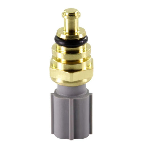 Front view of XS6Z-12A648-BA coolant temperature sensor with brass body and gray plastic connector.
