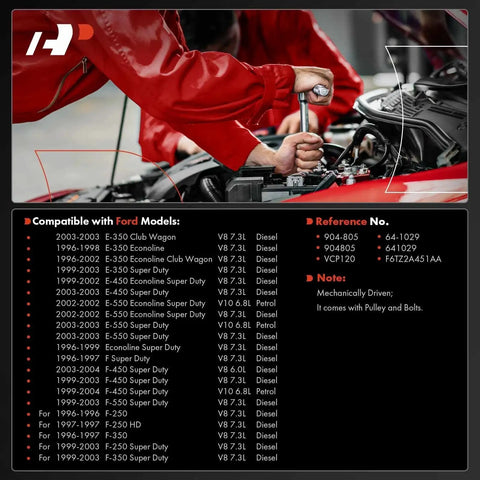 Mechanic installing Premium Vacuum Pump for Ford F 250 F 350 F 450 F 550 Super Duty and E Series Econoline, showing compatibility chart.