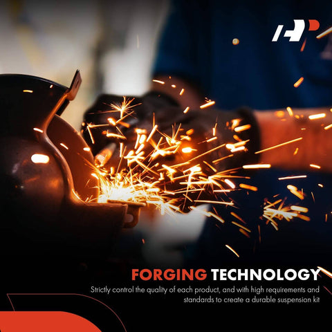 Metal worker using grinding tool with sparks flying, illustrating durable suspension kit production for Mercedes vehicles.