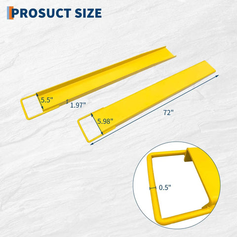Boosts Your Forklift Reach With 72 Inch Extensions, 5500 Lbs Capacity, 5.5 Inch Wide, Heavy Duty Pallet Fork Extenders displayed