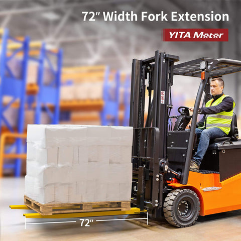 72-inch forklift extensions lifting a pallet, part of a Heavy Duty Forklift Extensions 72 Inch Long And 4.5 Inch Wide Pack Of Two product.