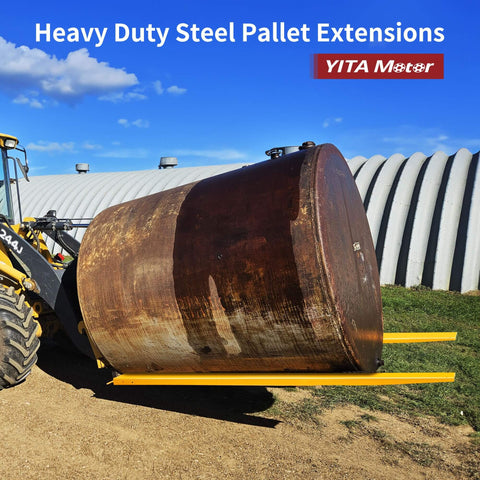 Heavy Duty Forklift Extensions 72 Inch Long And 4.5 Inch Wide Pack Of Two Pallet Fork Extenders For Forklift Trucks Steel Construction With Yellow Finish Fits 4.5 Inch Forks Expands Load Reach And Handling lifting a large round object.