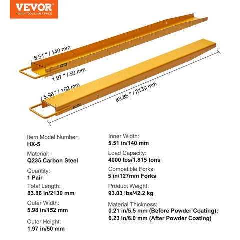 Heavy Duty Forklift Extensions 84 Inch Long 5.5 Inch Wide 1 Pair Pallet Fork Extensions for Forklifts 4000 Lbs Load Capacity Durable Q235 Carbon Steel Construction No Bending Under Heavy Loads Easy Slide On Fit shown with dimensions and specifications.