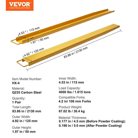 Forklift Extensions 84 Inch Long and 4.5 Inch Wide Built Tough for Forks 1 Pair Load Capacity 4000 Lbs Built From Q235 Carbon Steel